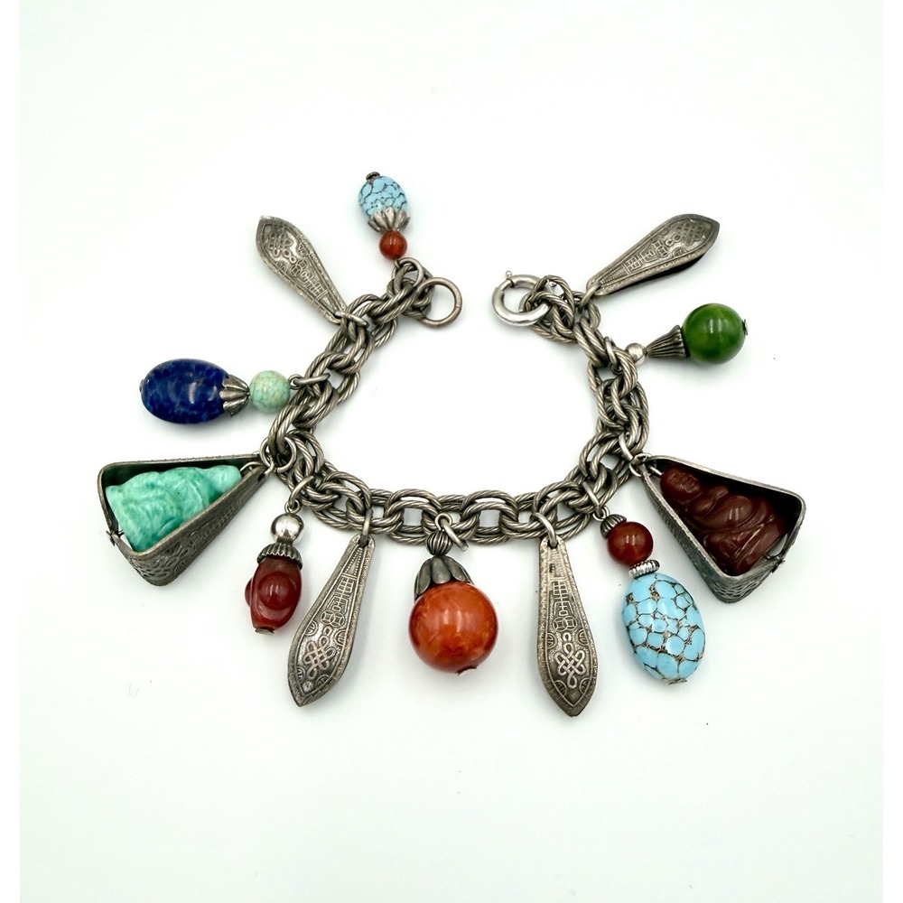 Vintage 50's NAPIER Asian Buddha Charms Silver Plated Colorful Bracelet 7.25"